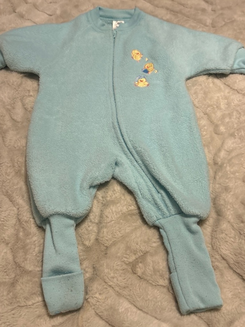 Vintage Baby Blue Plush Footed One-Piece with Duck Embroidery convertible feet